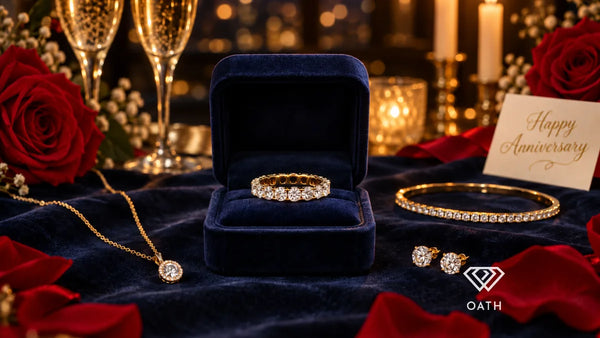 Diamond eternity band in a navy velvet ring box with a gold pendant, stud earrings, bangle and red roses