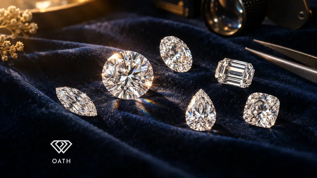 Loose diamonds in round, oval, pear, emerald, cushion and marquise shapes on navy velvet showing diamond cut and diamond shape