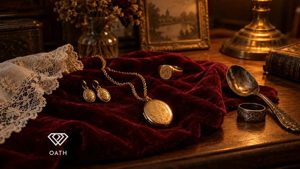 Does gold tarnish: bright gold locket, earrings and signet ring on oxblood velvet beside a tarnished silver spoon and ring