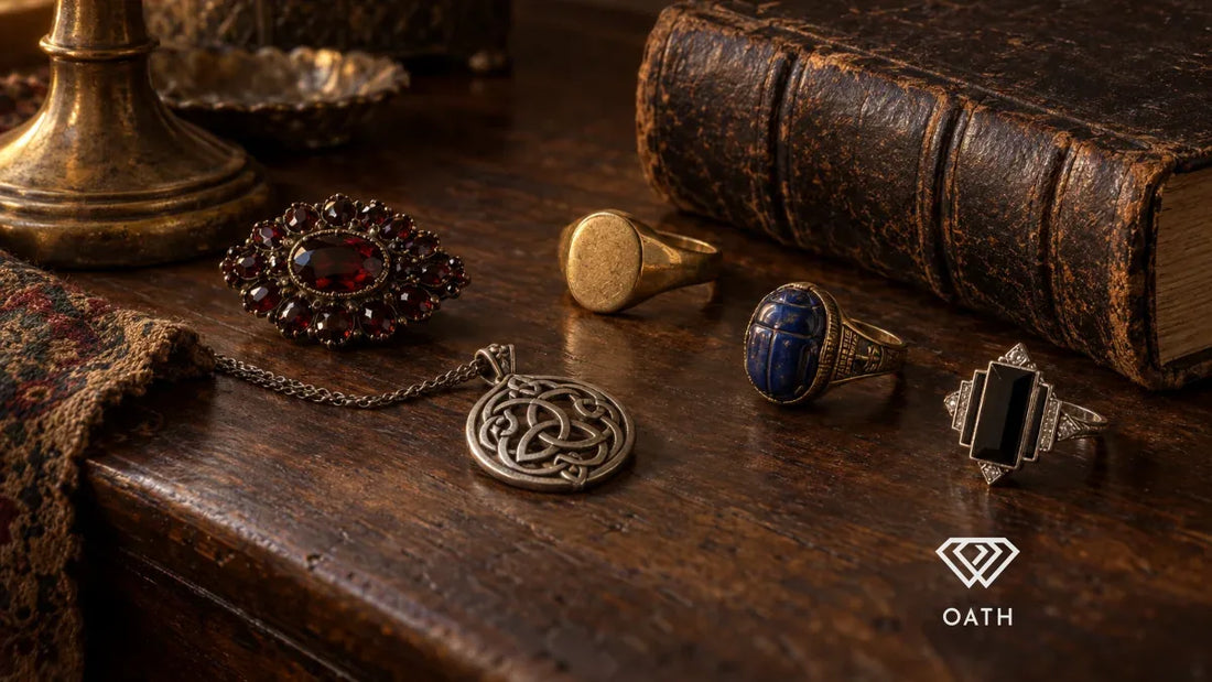 Historic jewelry: a gold signet ring, Victorian garnet brooch, Celtic knot pendant, lapis scarab ring and Art Deco onyx ring