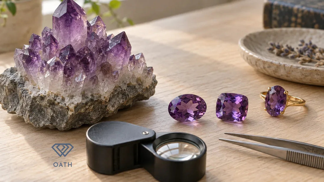 Natural amethyst crystal cluster beside two cut amethysts, a gold amethyst ring, loupe and tweezers on a wooden bench