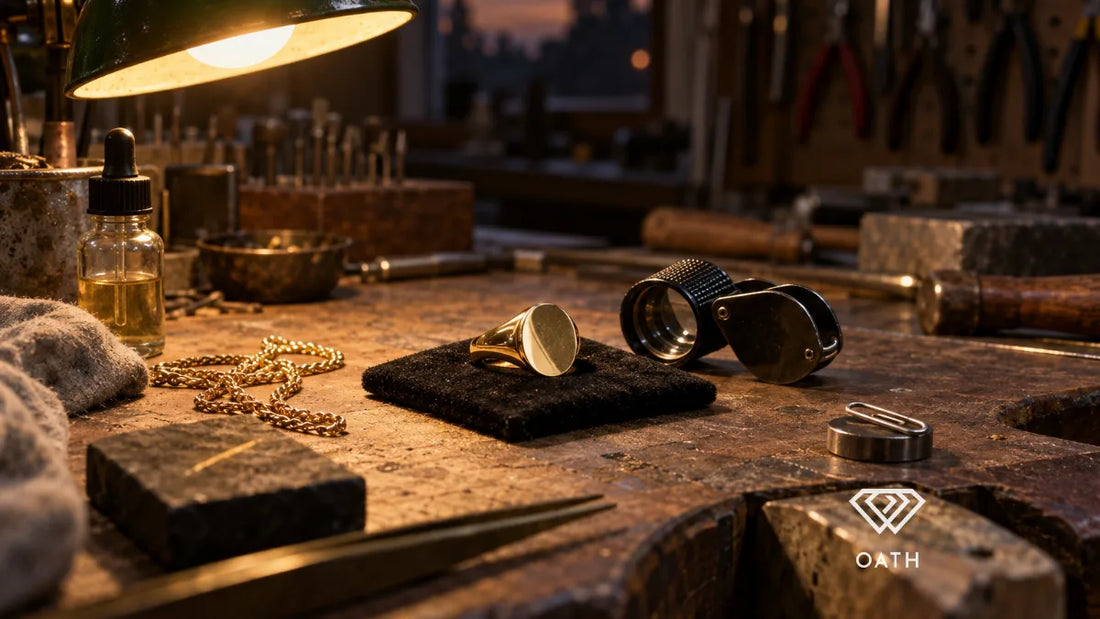Gold signet ring on a jeweler's bench beside a loupe, a magnet and a touchstone