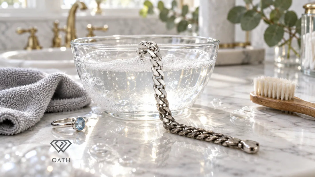 Sterling silver chain bracelet being cleaned in a bowl of soapy water, half polished and half tarnished