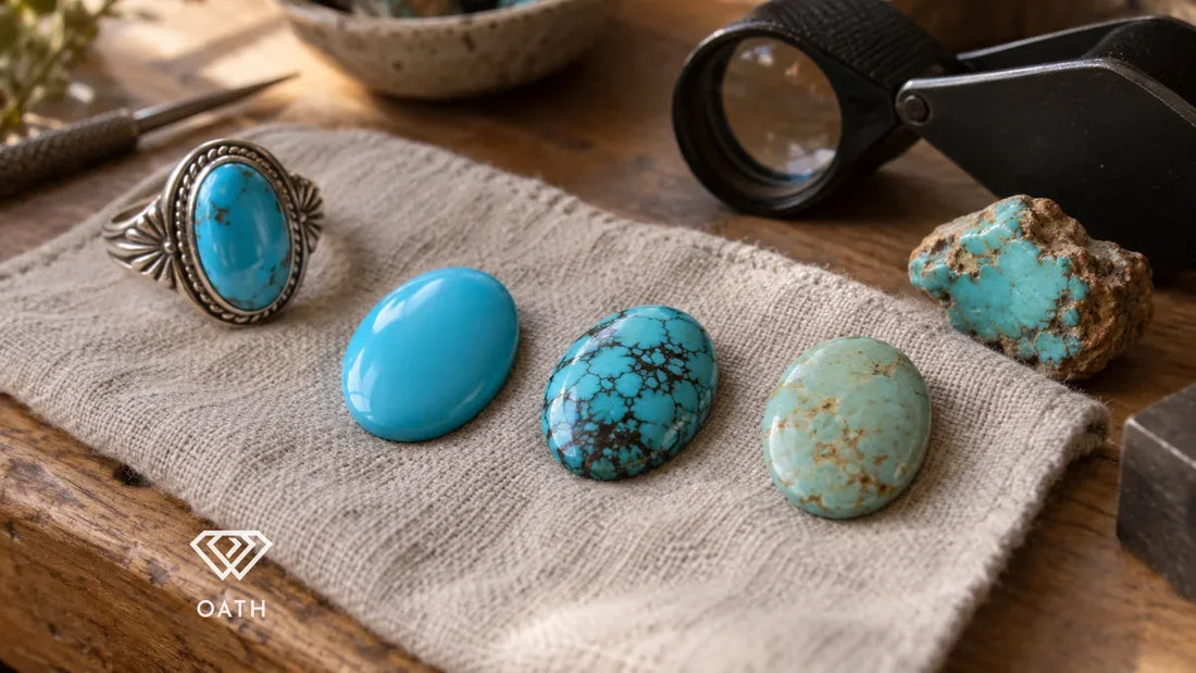 Three turquoise cabochons in different grades on linen beside a silver turquoise ring, loupe and rough nugget