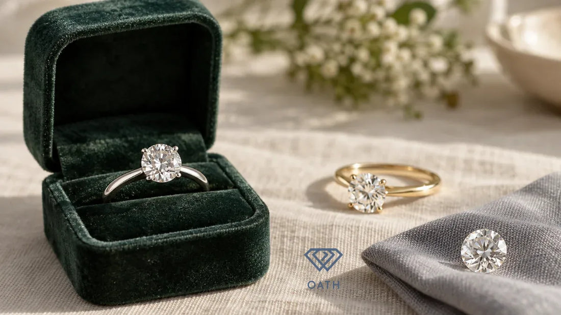 White gold and yellow gold diamond solitaire engagement rings beside a loose round brilliant diamond on linen