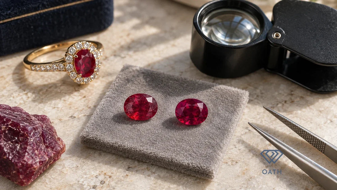 Two faceted red rubies on grey velvet beside a gold ruby ring, black jeweler's loupe and steel tweezers on pale stone.