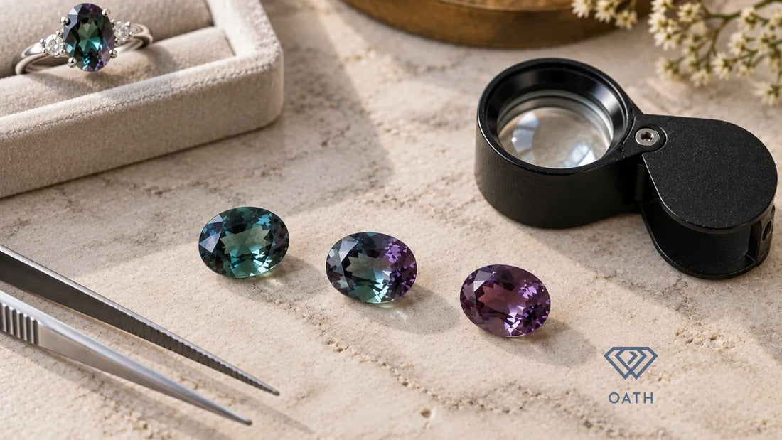 Natural vs synthetic alexandrite comparison with three oval color-change gemstones, a silver ring, black jeweler's loupe and tweezers on pale stone