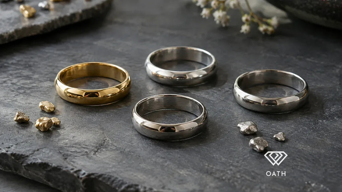 Yellow gold, sterling silver, platinum and palladium wedding bands compared side by side on slate