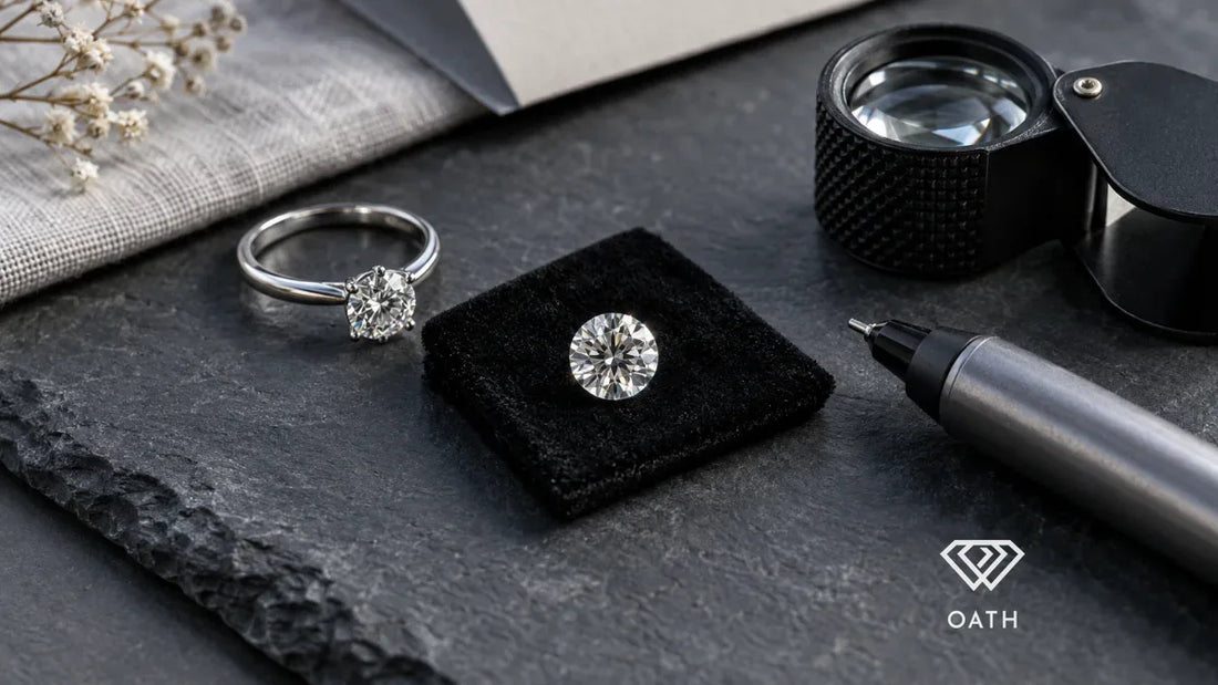 Loose round diamond on black velvet beside a solitaire ring, diamond tester pen and jeweler's loupe on a slate surface