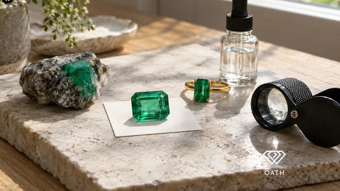 Loose step-cut emerald on a white card beside a gold emerald ring, rough emerald crystal, oil dropper and loupe