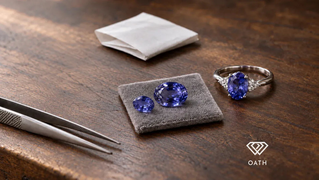 Two loose oval tanzanites on a velvet pad beside a white-gold tanzanite ring, tweezers and gem paper on a walnut bench