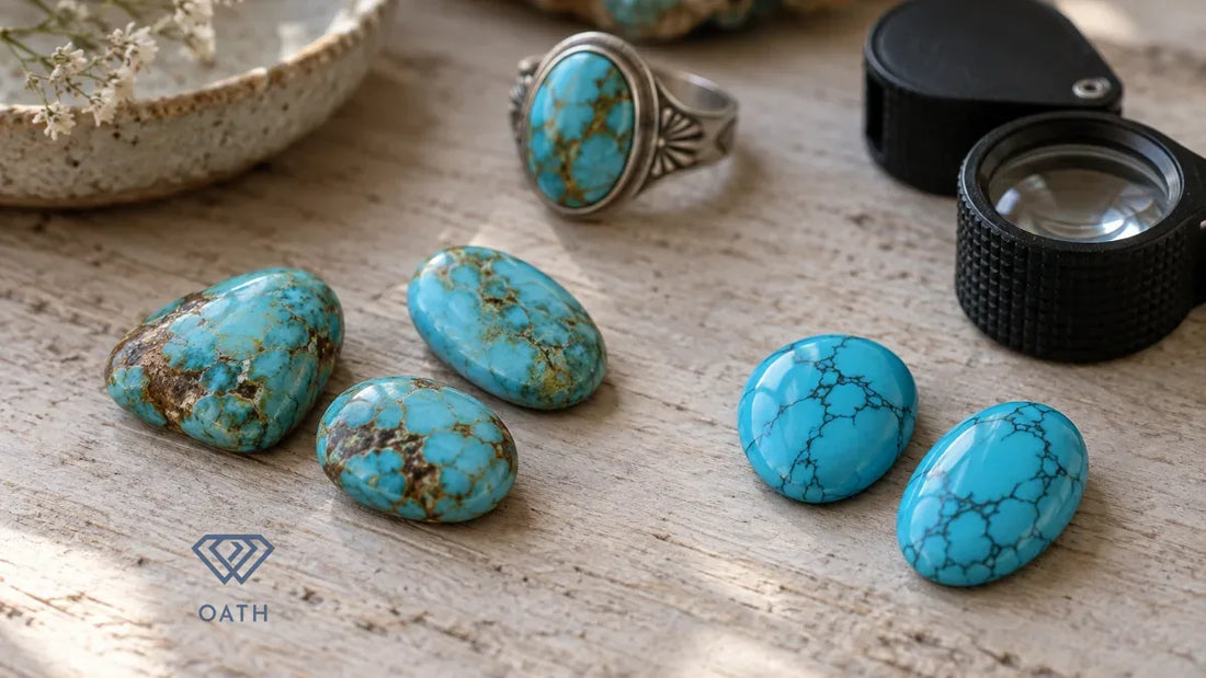 Natural turquoise cabochons with brown matrix beside dyed howlite imitations, a silver turquoise ring and a black jeweler's loupe on weathered wood