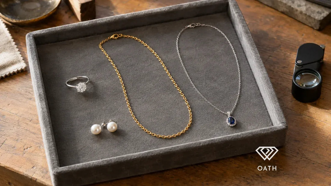 Fine jewelry on a jeweler's tray: a diamond solitaire ring, gold chain, sapphire pendant and pearl stud earrings beside a jeweler's loupe