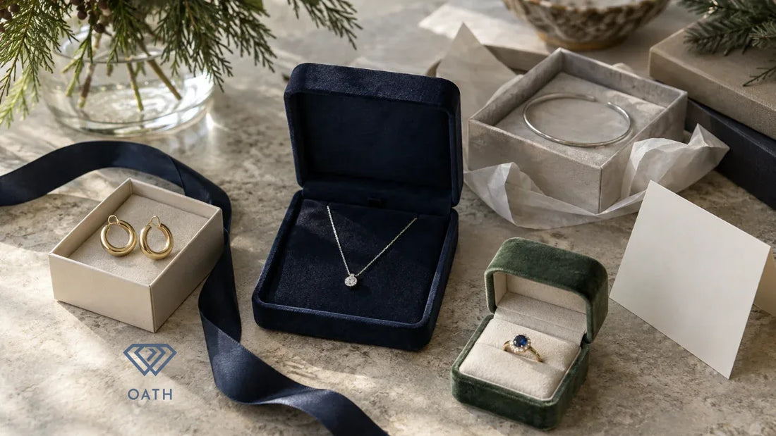 Fine jewelry gifts in open boxes: a diamond pendant necklace, gold hoop earrings, a silver bangle and a sapphire ring