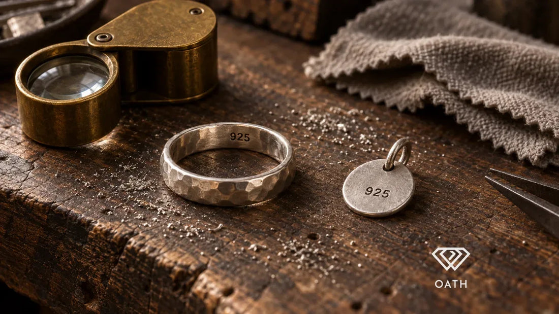 Sterling silver ring and round tag each stamped 925 beside a brass jeweler's loupe on a wooden bench