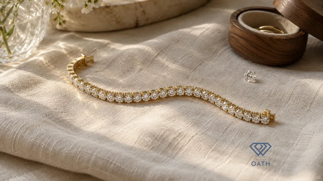 Yellow gold diamond tennis bracelet with a continuous row of round stones on cream linen beside a walnut ring dish