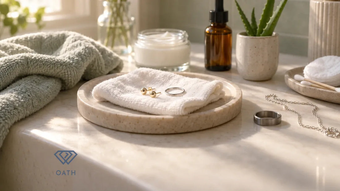 Gold stud earrings and a platinum band on a white cotton cloth in a stone tray on a calm bathroom vanity with aloe and skincare