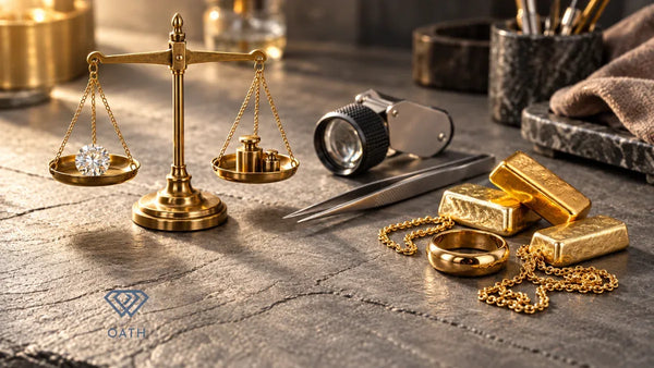 Brass balance scale weighing a diamond beside gold ingots, a gold chain and a gold band on a slate bench