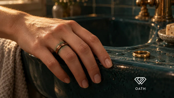 Hand resting on a teal sink wearing a copper-toned ring with a faint green mark on the finger beside a clean gold ring