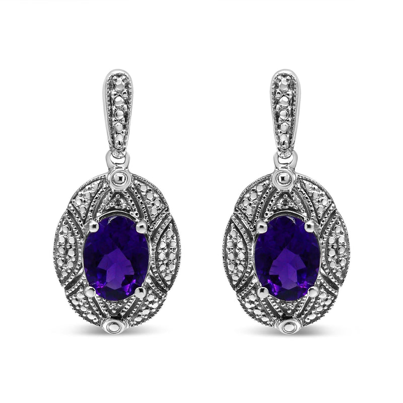 .925 Sterling Silver Diamond Accent and 8x6mm Purple Oval Amethyst Stud Earrings (I-J Color, I1-I2 Clarity) 925 sterling silver stud earrings with oval purple amethyst and diamond accents