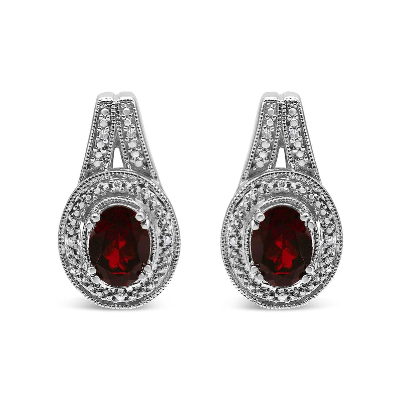 .925 Sterling Silver Diamond Accent and 8x6mm Red Oval Garnet Stud Earrings (I-J Color, I1-I2 Clarity) 925 sterling silver stud earrings with oval red garnet and diamond accent stones