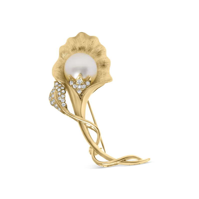 18K Yellow Gold 2/5 Cttw Diamond and 12MM Cultured South Sea Pearl Flower Pin Brooch (G-H Color, VS1-VS2 Clarity) 18K Yellow Gold 2/5 Cttw Diamond and 12MM Cultured South Sea Pearl Flower Pin Brooch (G-H Color, VS1-VS2 Clarity)-0