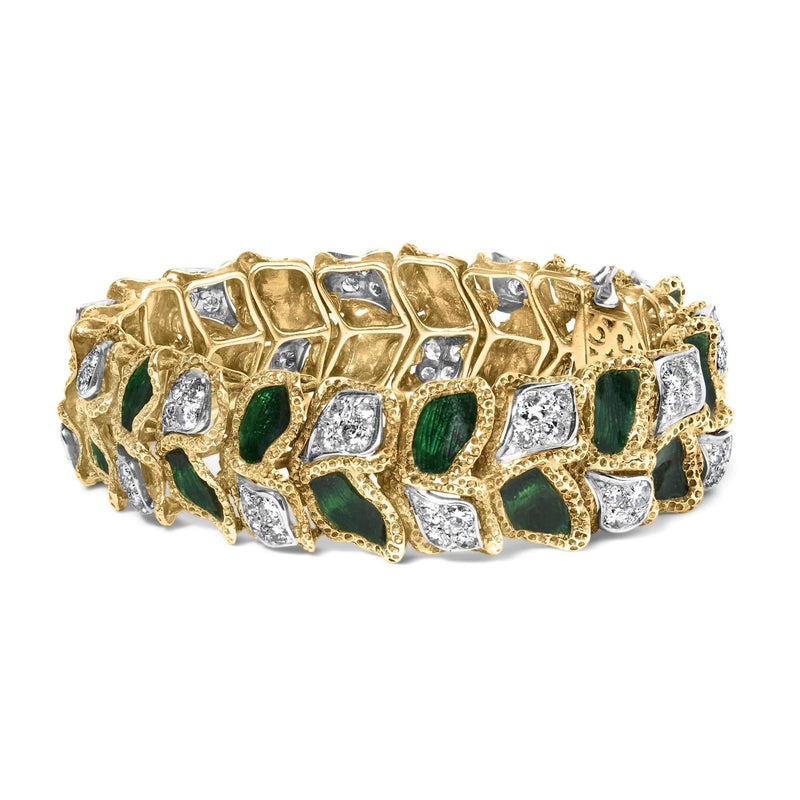 18K Yellow Gold 3 1/4 Cttw Diamond and Green Enamel Gold Textured Bracelet (G-H Color, VS1-VS2 Clarity) - 7 18K Yellow Gold 3 1/4 Cttw Diamond and Green Enamel Gold Textured Bracelet (G-H Color, VS1-VS2 Clarity) - 7