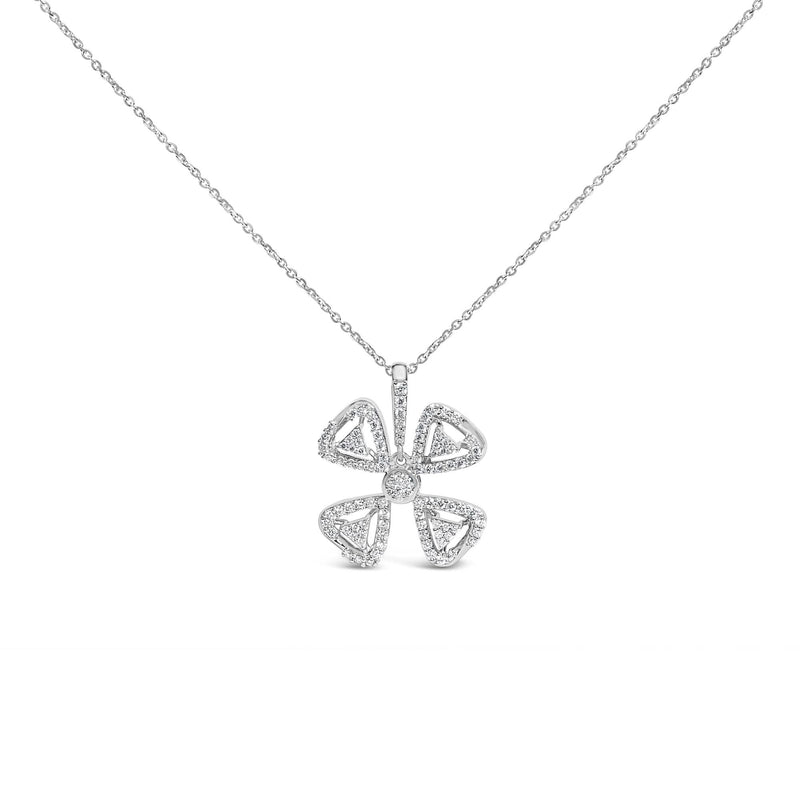 14K White Gold 5/8 Cttw Diamond 4 Leaf Floral Pendant Necklace (H-I Color, I1-I2 Clarity) - 18 14K white gold floral pendant necklace with pave diamond stones
