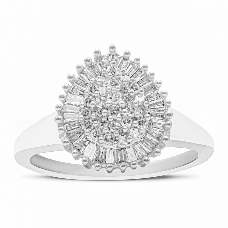 10K White Gold 1/2 Cttw Round & Baguette Cut Diamond Pear Shaped Domed Pavé Cluster with Halo Cocktail Ring (H-I Color, SI1-SI2 Clarity) 10K White Gold 1/2 Cttw Round & Baguette Cut Diamond Pear Shaped Domed Pavé Cluster with Halo Cocktail Ring (H-I Color, SI1-SI2 Clarity)-0
