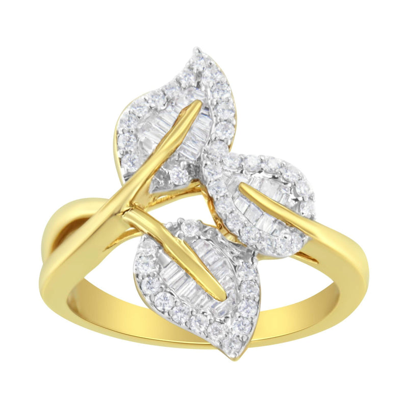 18K Yellow and White Gold Plated .925 Sterling Silver 3/8 Cttw Baguette and Round Diamond Bypass Triple Leaf Ring (I-J Color, I1-I2 Clarity) 18K Yellow and White Gold Plated .925 Sterling Silver 3/8 Cttw Baguette and Round Diamond Bypass Triple Leaf Ring (I-J Color, I1-I2 Clarity)-0