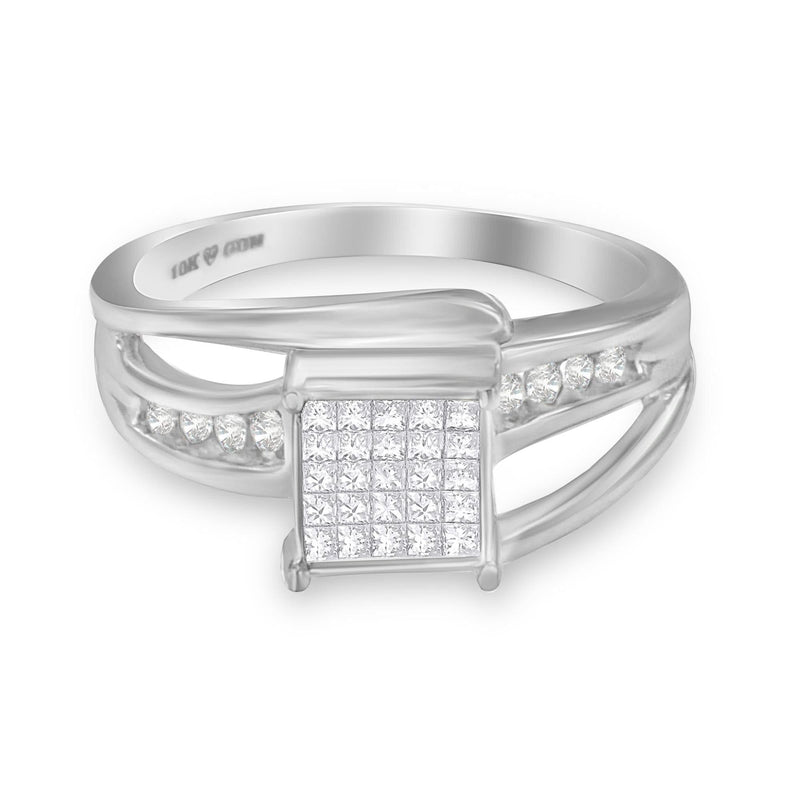 10K White Gold 1/3 Cttw Invisible Set Princess-cut Diamond Cluster Bypass Ring (H-I Color, SI1-SI2 Clarity) 10K White Gold 1/3 Cttw Invisible Set Princess-cut Diamond Cluster Bypass Ring (H-I Color, SI1-SI2 Clarity)-0