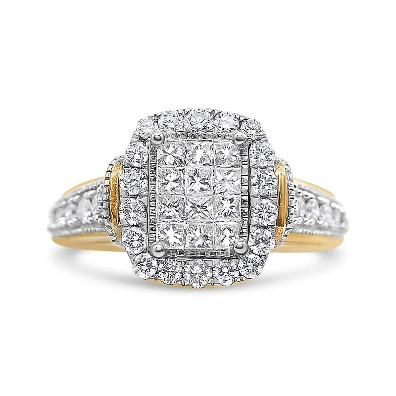 14K Yellow and White Gold 1.00 Cttw Princess and Round Cut Emerald Shaped Halo Diamond Cluster Ring (SI1-SI2 Clarity, H-I Color) 14K Yellow and White Gold 1.00 Cttw Princess and Round Cut Emerald Shaped Halo Diamond Cluster Ring (SI1-SI2 Clarity, H-I Color)-0