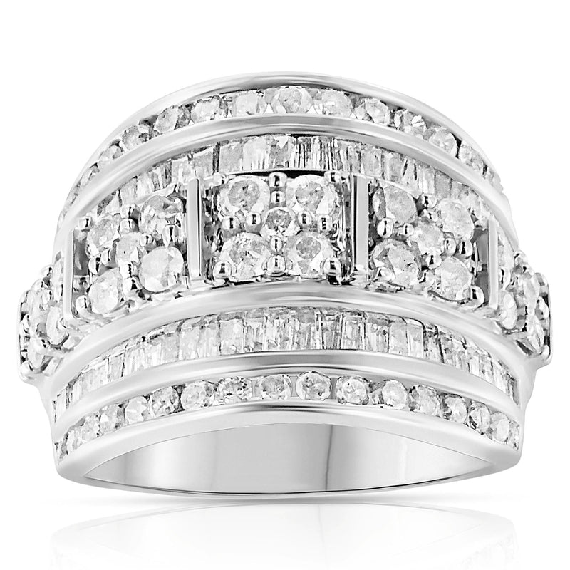 .925 Sterling Silver 2.0 Cttw Round & Baguette Cut Diamond Multi-Row Channel Set Tapered Cocktail Fashion Ring (I-J Color, I3 Clarity) .925 Sterling Silver 2.0 Cttw Round & Baguette Cut Diamond Multi-Row Channel Set Tapered Cocktail Fashion Ring (I-J Color, I3 Clarity)-0