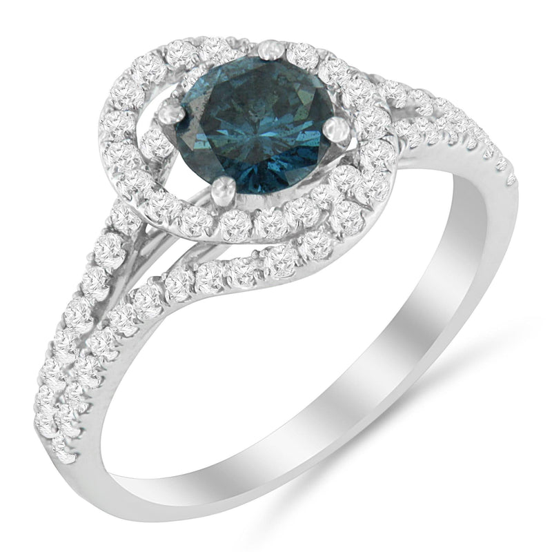 14K White Gold 1-1/3 Cttw White & Blue Diamond Interweaving Double Halo Cocktail Statement Ring (G-H and Fancy Blue Color, SI2-I1 Clarity) 14K White Gold 1-1/3 Cttw White & Blue Diamond Interweaving Double Halo Cocktail Statement Ring (G-H and Fancy Blue Color, SI2-I1 Clarity)-0