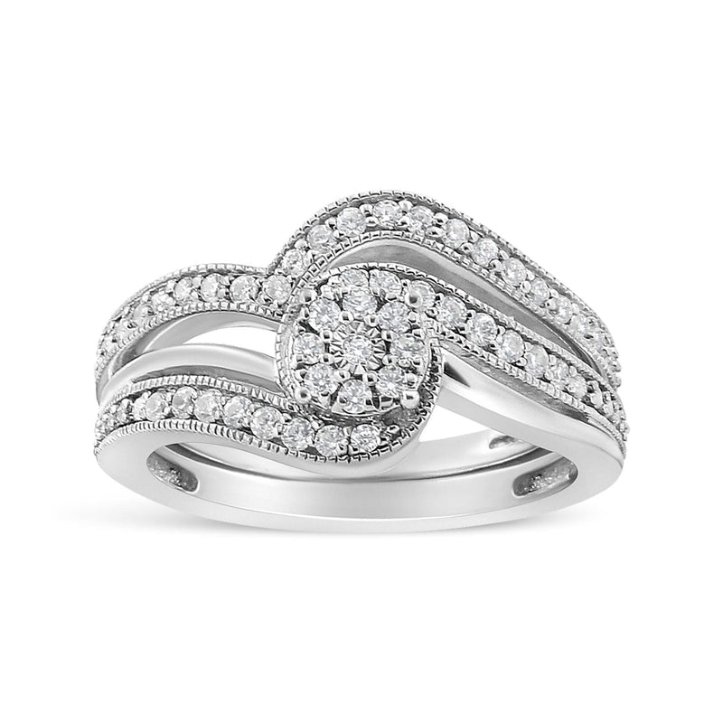 .925 Sterling Silver 1/3ct Cttw Multi-Diamond Bypass Vintage-Style Bridal Set Ring and Band (I-J Color, I3 Clarity) .925 Sterling Silver 1/3ct Cttw Multi-Diamond Bypass Vintage-Style Bridal Set Ring and Band (I-J Color, I3 Clarity)-0