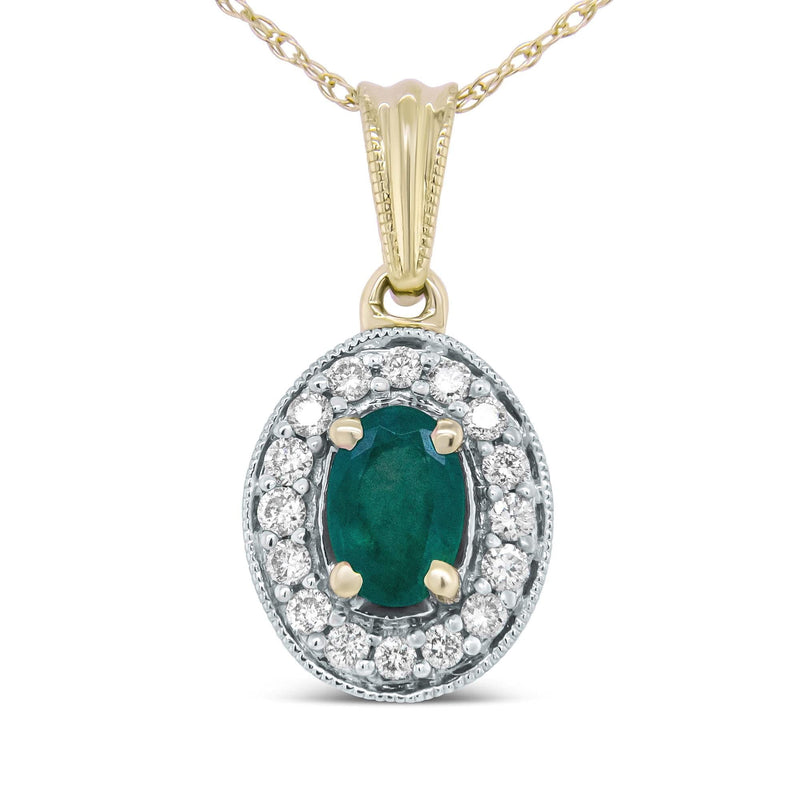 14K Yellow Gold 6x4mm Emerald and 1/5 Cttw Round Diamond Halo Pendant 18 14K Yellow Gold 6x4mm Emerald and 1/5 Cttw Round Diamond Halo Pendant 18