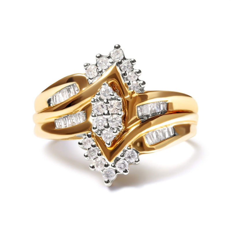 10K Two-Toned 1/2 Cttw Round And Baguette-Cut Composite Pear Head Diamond Ring (H-I Color, I2-I3 Clarity) 10K two-tone gold ring with round and baguette diamond composite pear head