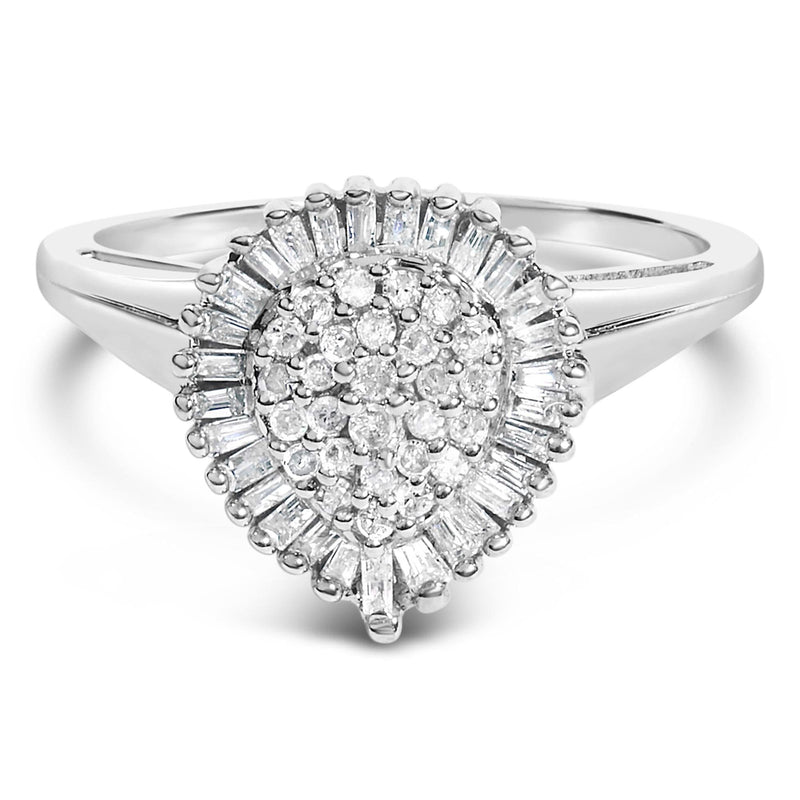 10K White Gold 1/2 Cttw Round & Baguette Cut Diamond Pear Shaped Domed Pavé Cluster with Halo Cocktail Ring (H-I Color, SI1-SI2 Clarity) 10K white gold ring with round and baguette diamond stones in pear halo