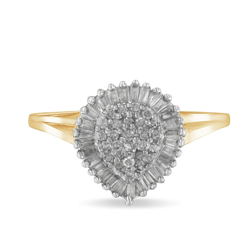 10K Yellow Gold 1/2 Cttw Round & Baguette Cut Diamond Pear Shaped Domed Pavé Cluster with Halo Cocktail Ring (J-K Color, I1-I2 Clarity) 10K yellow gold ring with round and baguette diamond pavé cluster and halo