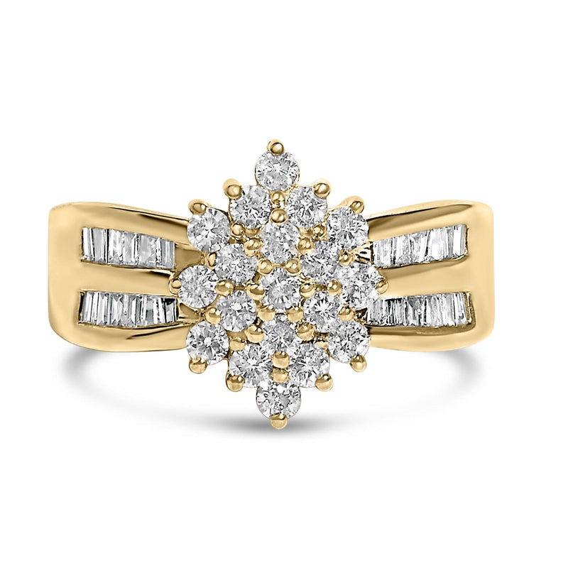 10K Yellow Gold 1.0 Cttw Round & Baguette Cut Diamond Floral Cluster Double-Channel Flared Band Statement Ring (H-I Color, SI2-I1 Clarity) 10K yellow gold ring with round and baguette diamond floral cluster