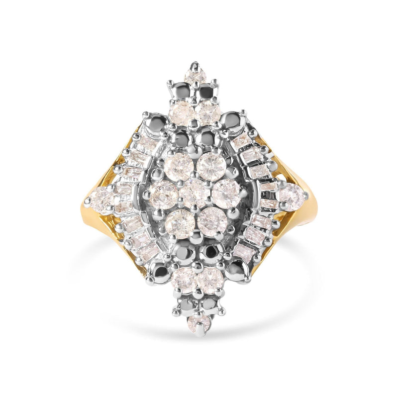 10K Yellow Gold 1 Cttw Round and Baguette cut Diamond Cluster and Rhombus Halo Ring (H-I Color, I1-I2 Clarity) 10K yellow gold ring with round and baguette diamond stones in rhombus halo