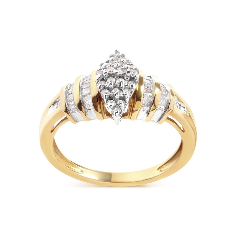 10K Yellow Gold 1/2 Cttw Diamond Pear Shaped Head and Multi Row Channel Set Shank Ring (H-I Color, SI2-I1 Clarity) 10K yellow gold ring with pear diamond head and multi-row channel-set diamonds