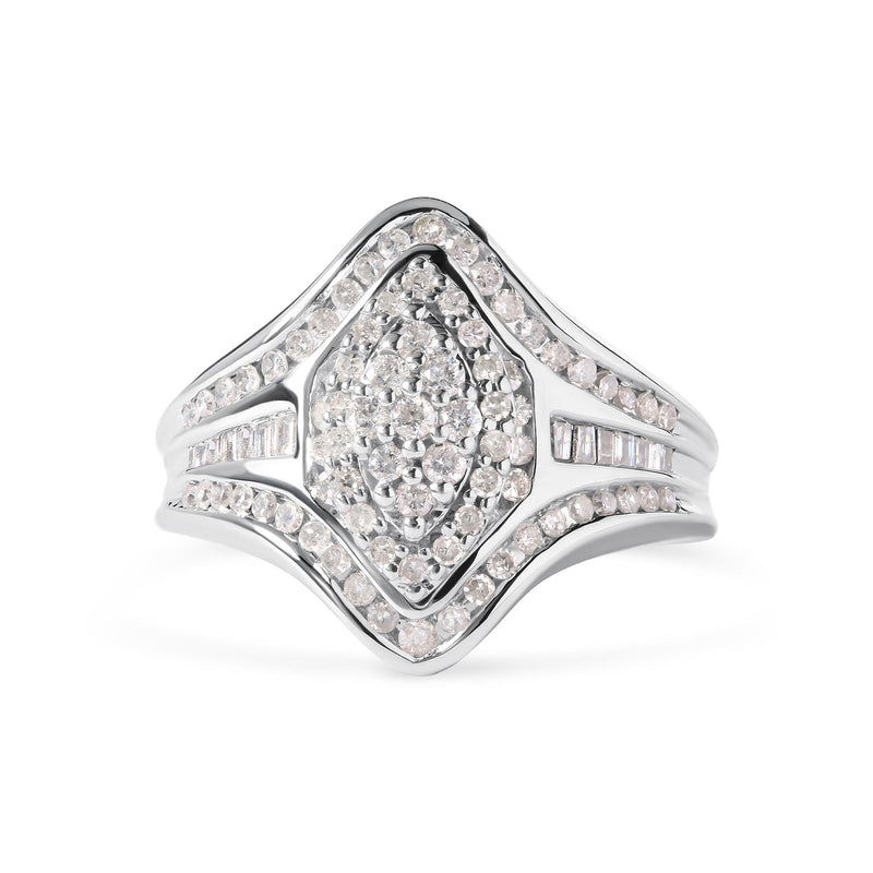 14K White Gold 3/4 Cttw Round and Baguette cut Diamond Cluster Ring (H-I Color, I1-I2 Clarity) 14K white gold ring with round and baguette diamond cluster