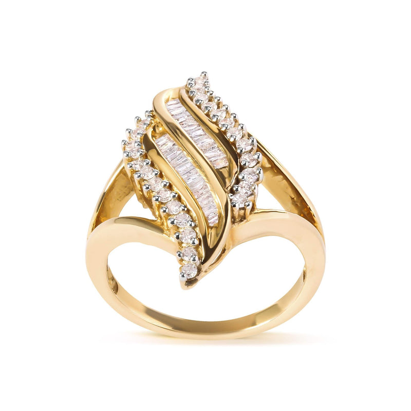 10K Yellow Gold 1/2 Cttw Round and Baguette Cut Diamond Cocktail Ring (H-I Color, I1-I2 Clarity) 10K yellow gold ring with round and baguette diamond stones