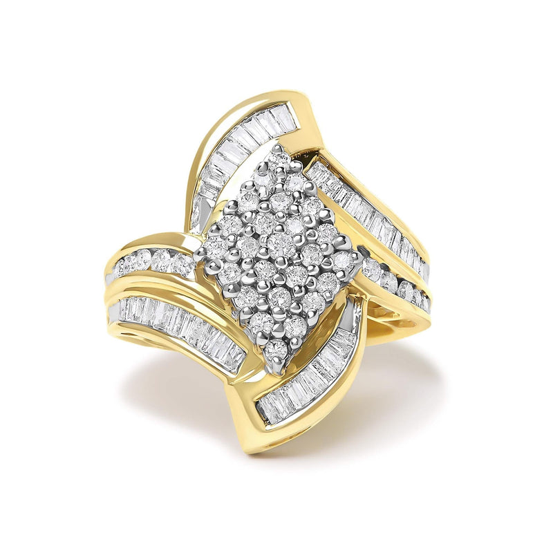 14K Yellow Gold 1-1/3 Cttw Round and Baguette Diamond Bypass Cocktail Ring 14K yellow gold ring with round and baguette diamond stones in bypass design