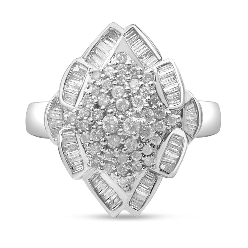 14K White Gold 7/8 Cttw Round and Baguette-Cut Diamond Cluster Ring (H-I Color, SI2-I1 Clarity) 14K white gold ring with round and baguette diamond cluster stones