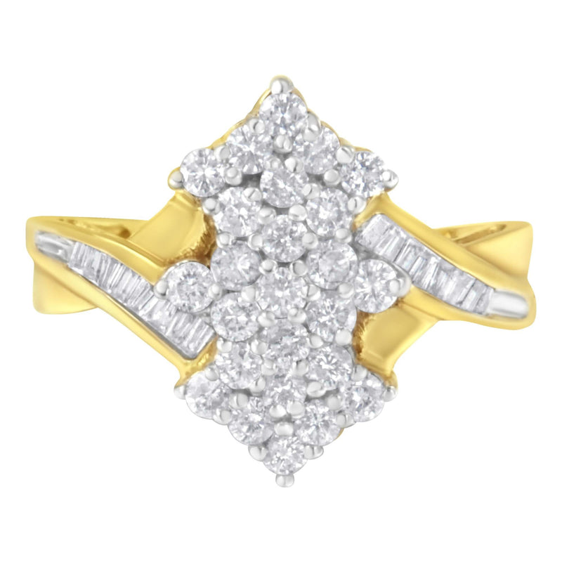 10K Yellow Gold Round And Baguette Cut Diamond Cluster Ring (1 1/10 Cttw, H-I Color, SI2-I1 Clarity) 10K yellow gold ring with round and baguette diamond cluster