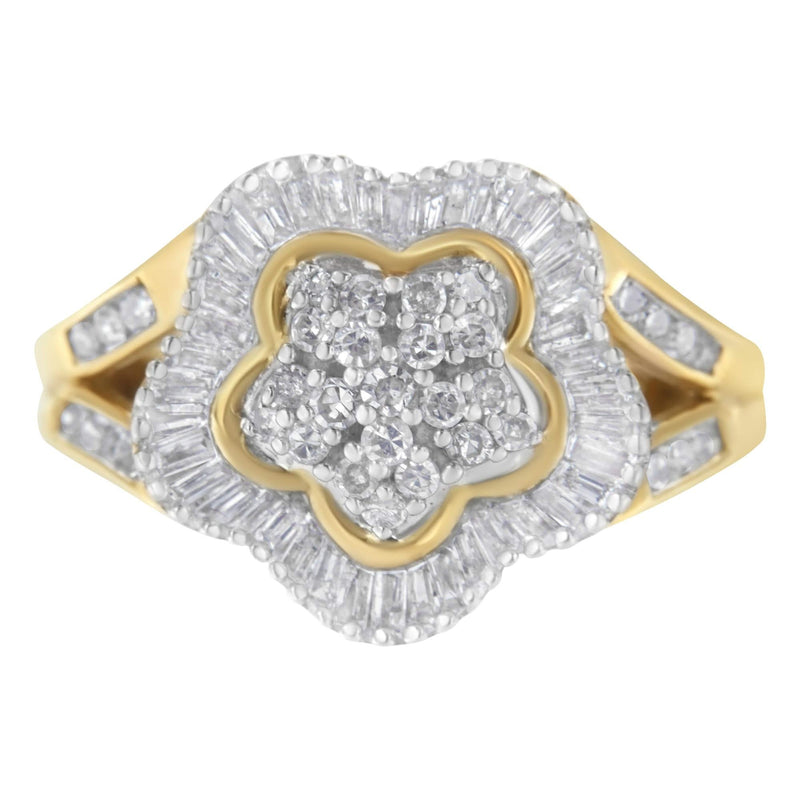 10KT Yellow Gold Round and Baguette Cut Diamond Ballerina Ring (1 cttw, I-J Color, SI1-SI2 Clarity) 10K yellow gold ballerina ring with round and baguette diamond stones