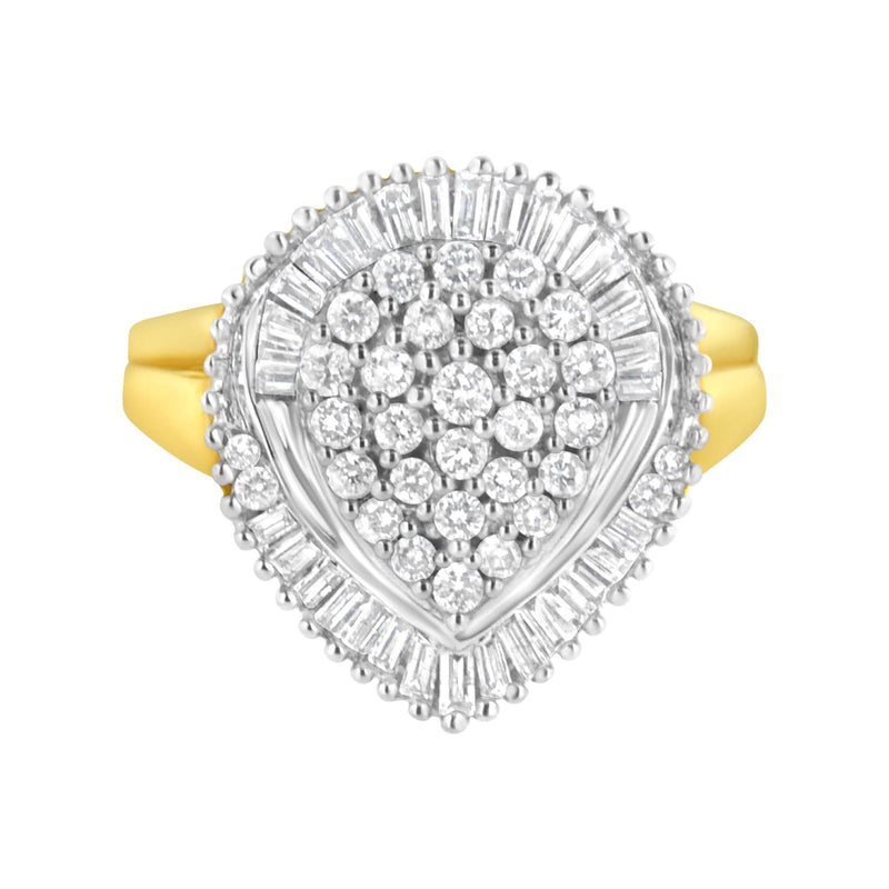 10K Yellow Gold 1.0 Cttw Round and Baguette Cut Diamond Oval Shaped Cluster Ring (I-J Color, I1-I2 Clarity) 10K yellow gold ring with round and baguette diamond stones in oval cluster