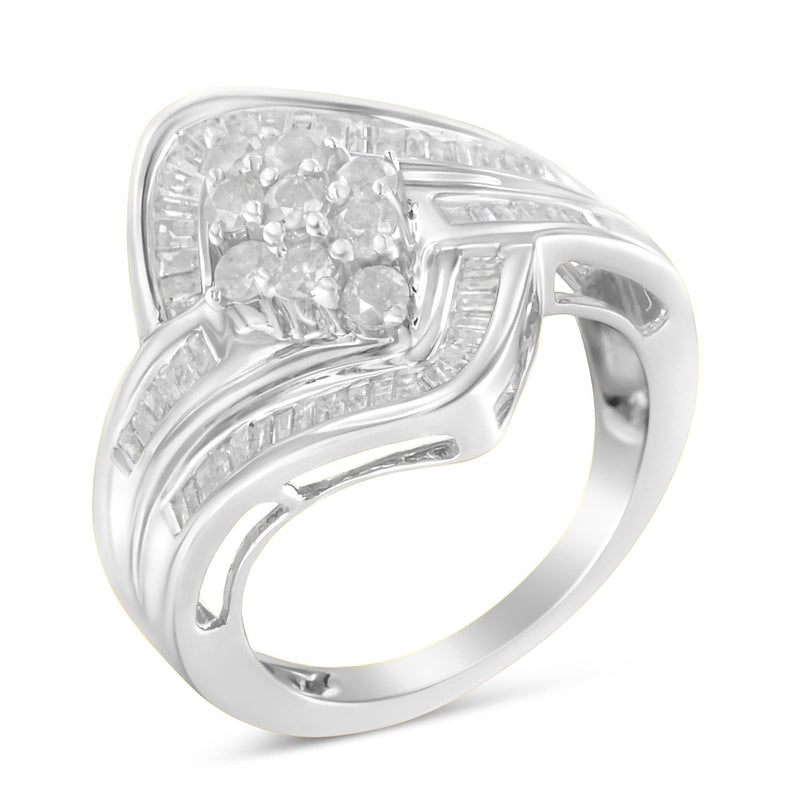 10K White Gold Diamond Bypass Cluster Ring (1 Cttw, I-J Color, I2-I3 Clarity) 10K white gold cluster ring with round diamond stones